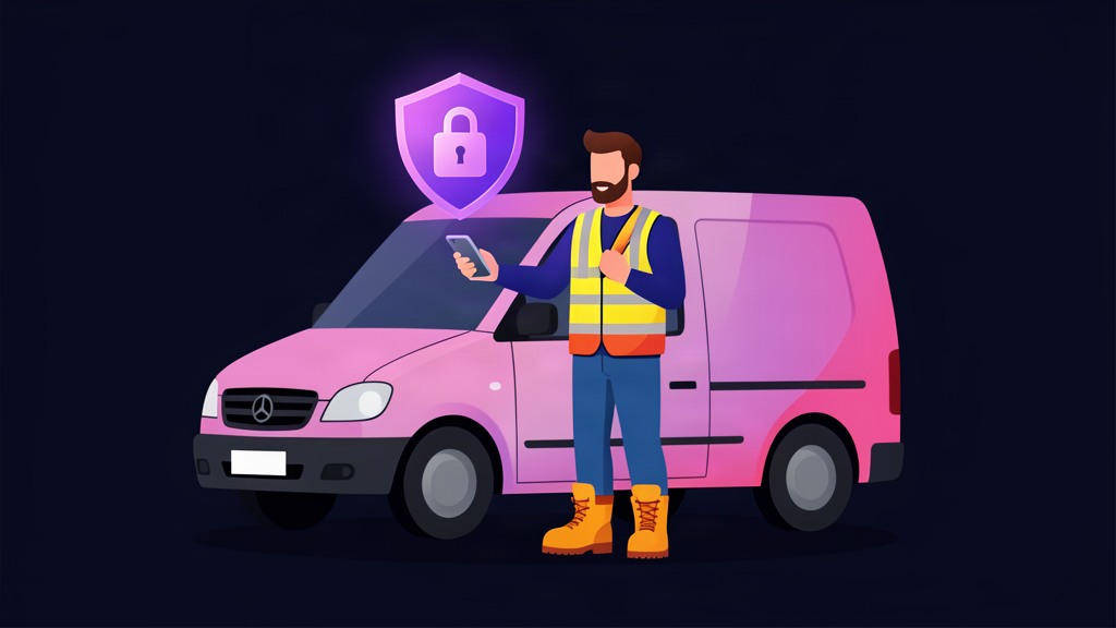 UK tradesman with an AI phone agent protected by a purple security shield, showing AI automation is safe for business data