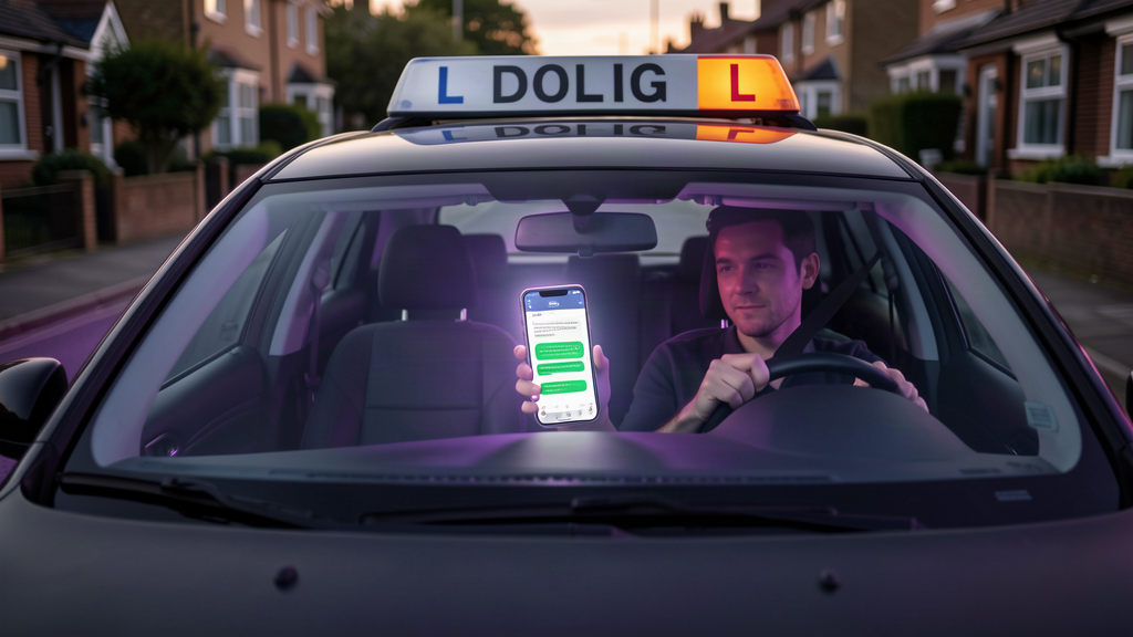 UK driving instructor mid-lesson in a dual-control car with L-plates while AI on the dashboard phone answers a pupil enquiry and books a lesson