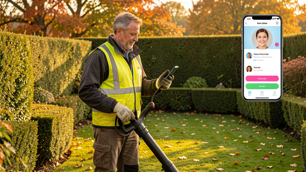 AI for gardeners — a UK gardener with a leaf blower checking a missed call while an AI phone agent answers the phone