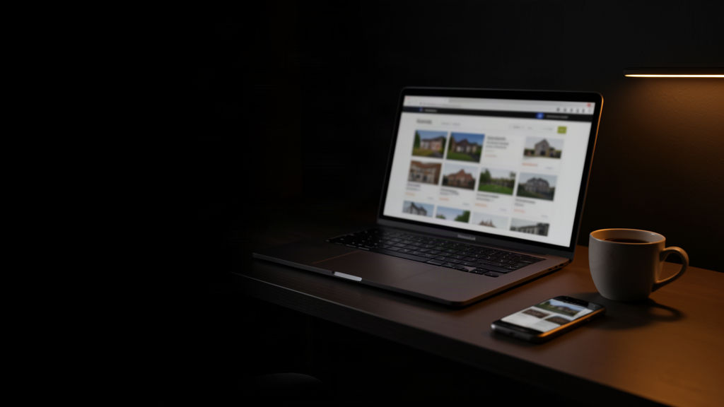 AI for letting agents — dark UK letting agency desk with laptop and ringing phone, amber accent lighting