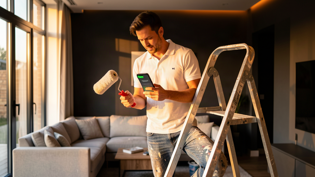 AI for painters and decorators — a UK painter on a ladder checking a missed call while an AI phone agent answers the phone