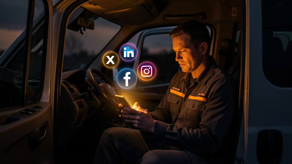 AI social media for tradesmen — a UK tradesman in a van at dusk with glowing social media icons above his phone