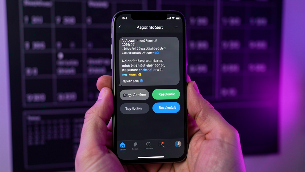 Smartphone screen showing an automated AI appointment reminder text with confirm and reschedule buttons