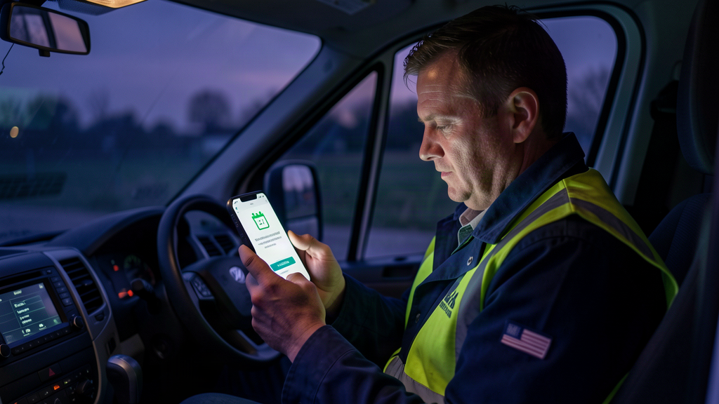 Tradesman in a work van reading an automated appointment reminder on his phone at dusk
