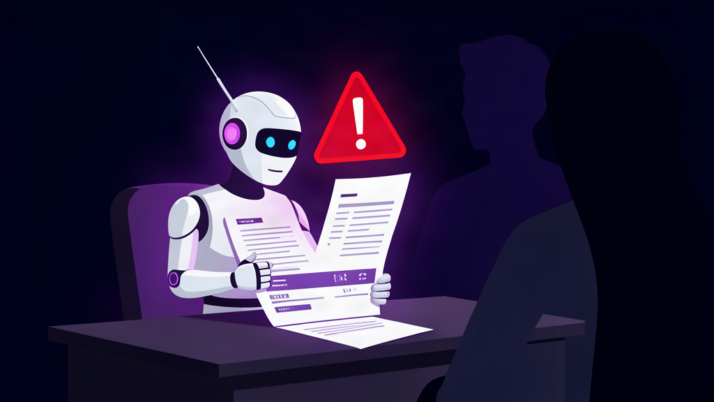 Flat illustration of an AI agent at a desk reviewing a quote document with a red warning symbol, a human watching from behind