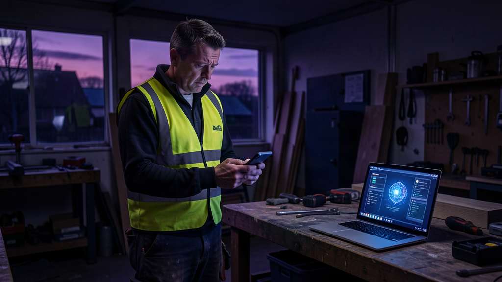 UK tradesman in a workshop at dusk looking at a phone alert while an AI agent interface glows on a laptop beside him