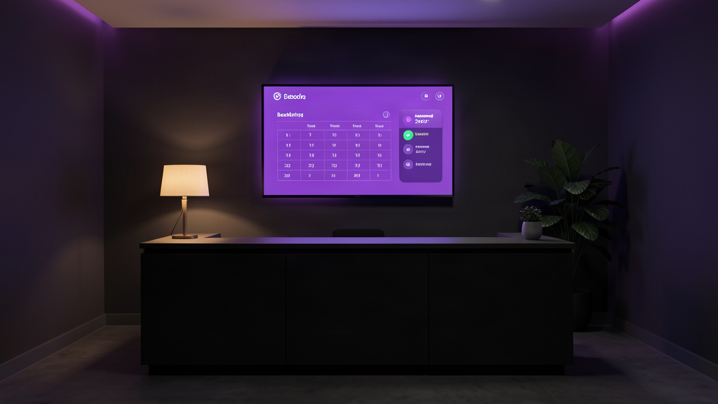 Modern reception desk at night with an AI assistant screen booking appointments while the phone lines are covered 24/7