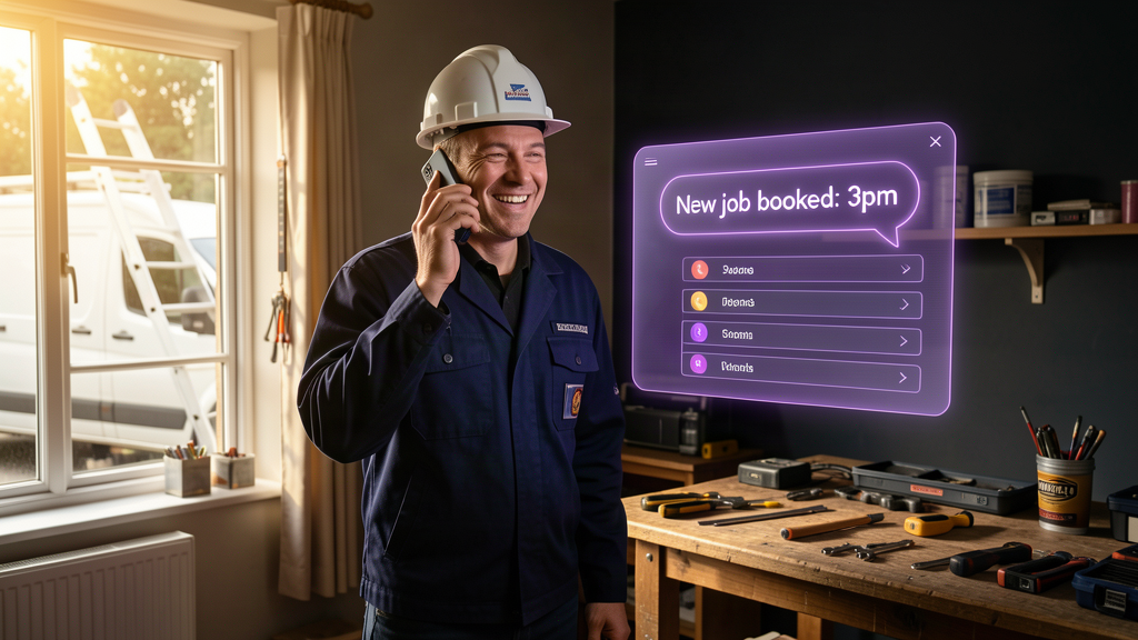 Electrician using an AI assistant on his phone on site to answer a customer call and book a job
