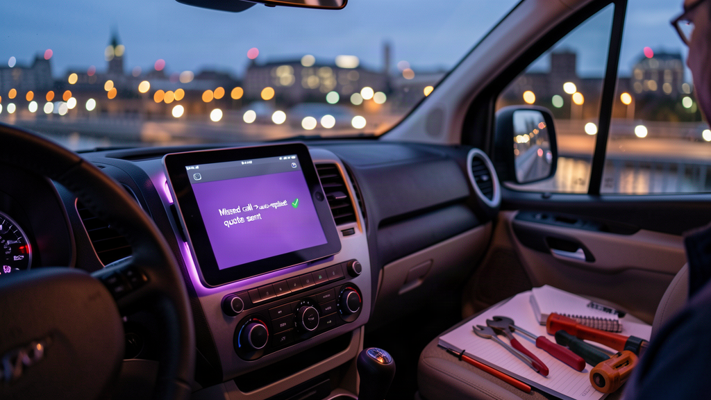 AI assistant on an electrician's van tablet showing a missed call was auto-replied with a quote