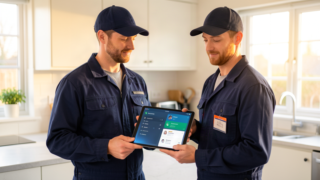 How can AI help plumbers - plumber checking AI agent dashboard on tablet between jobs