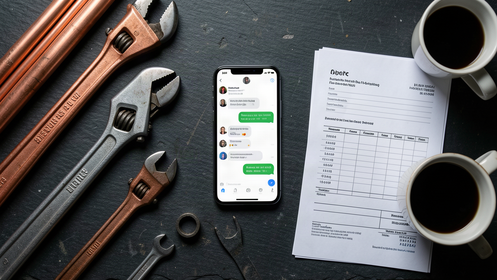 How can AI help plumbers - plumber workbench with phone showing AI assistant handling a customer message