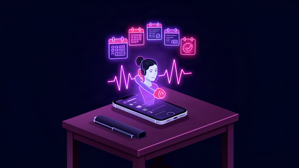 AI receptionist answering a call on a smartphone with a purple waveform and calendar booking icons