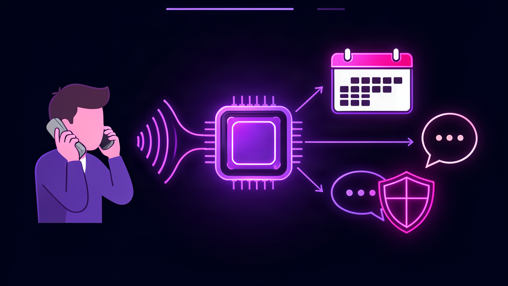 Diagram of how an AI receptionist works — caller voice flows into an AI core and branches into calendar booking, replies and human handoff