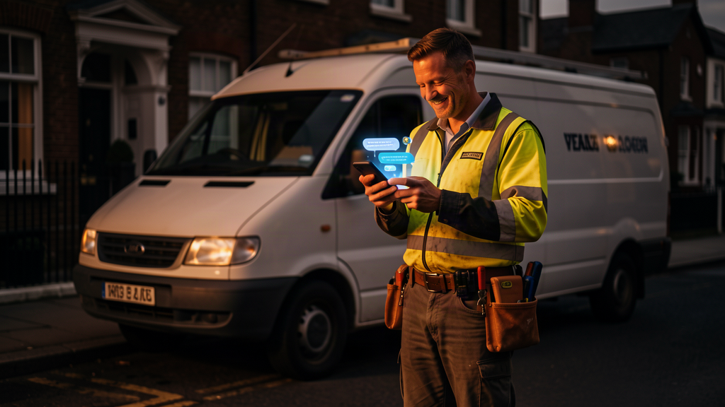 UK tradesman checking AI chat answers on his phone beside his work van