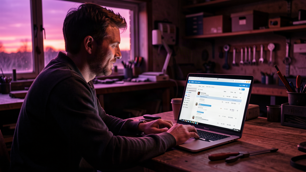 UK business owner in a workshop at dusk watching automated follow-up emails send themselves from a laptop screen