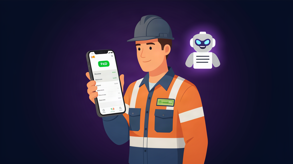 How to use AI for invoicing - tradesman checking AI invoice agent dashboard showing a paid invoice