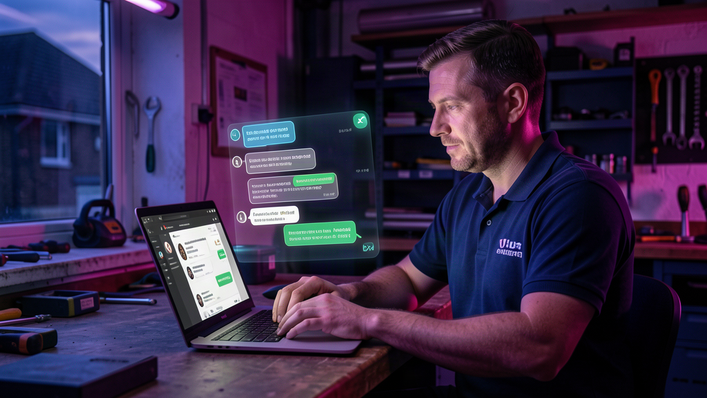 UK small business owner at a laptop in a workshop at dusk watching AI reply to customer service messages on phone and screen