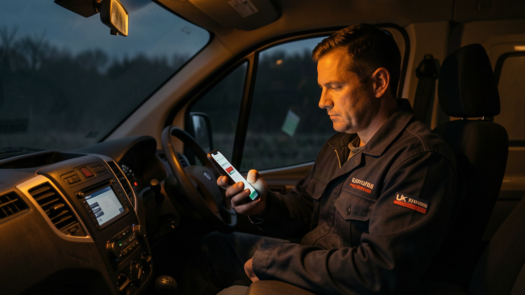 Is Checkatrade worth it in 2026 — UK tradesman checking missed calls in his van at dusk, amber lighting