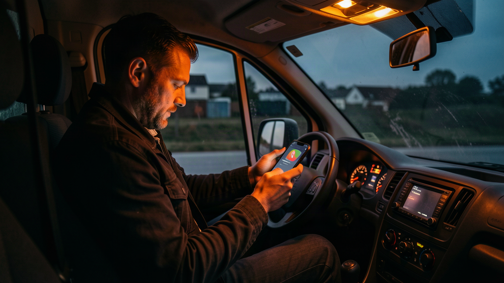 Is TrustATrader worth it in 2026 — UK tradesman checking a missed call alert in his van at dusk, amber lighting