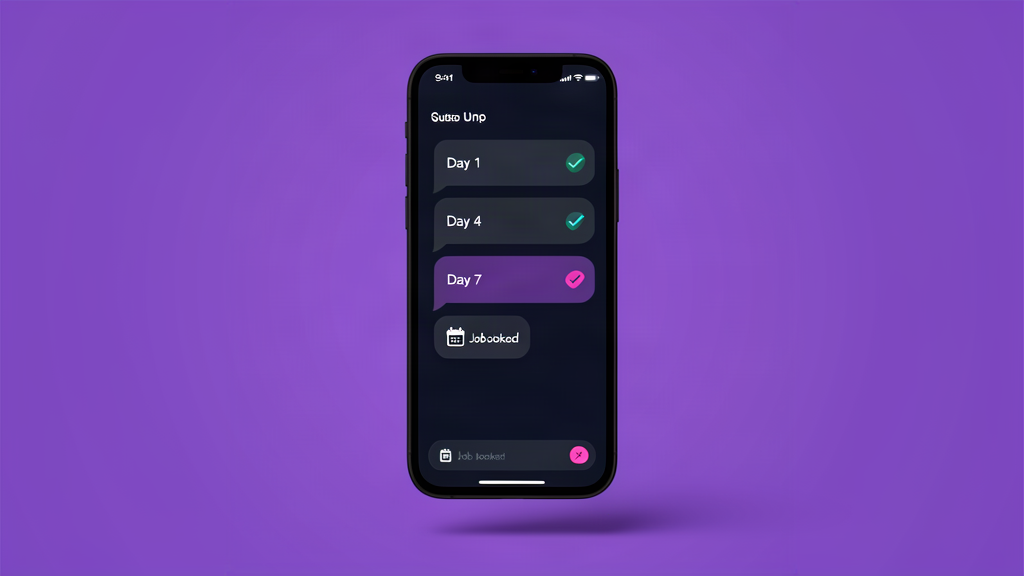 Automated quote follow up sequence showing Day 1, Day 4 and Day 7 messages on a smartphone