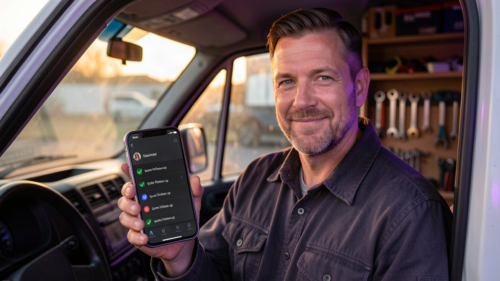 Tradesman checking automated quote follow up messages on his phone in a work van