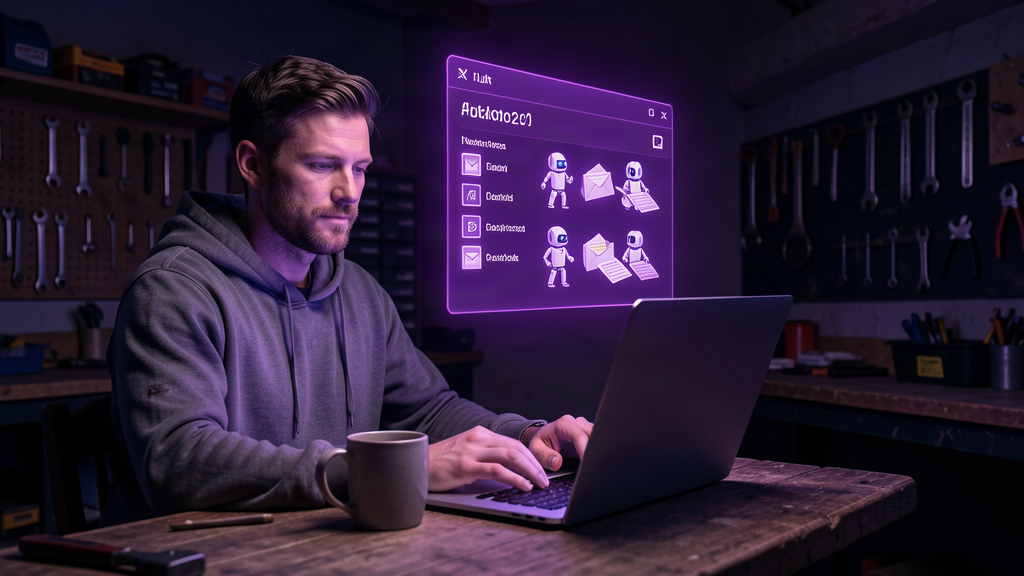 UK business owner drinking coffee at a laptop while an AI email agent clears their inbox to zero on screen