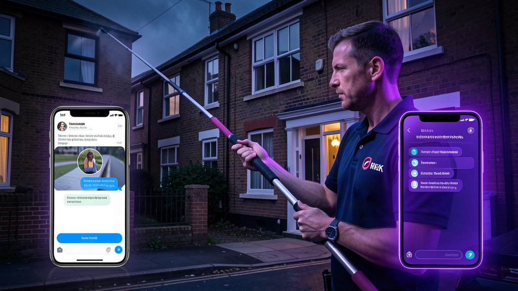 UK window cleaner on a residential street with a water-fed pole, while AI on his phone answers a customer enquiry and books a job